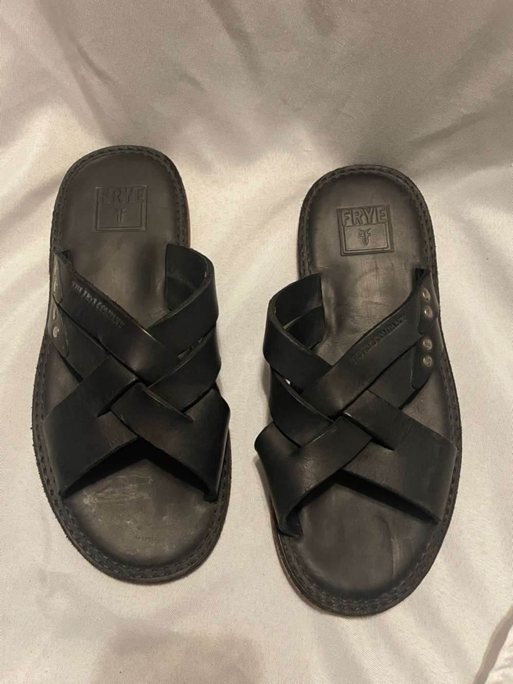 Frye Black Leather Crisscross Slide Sandals